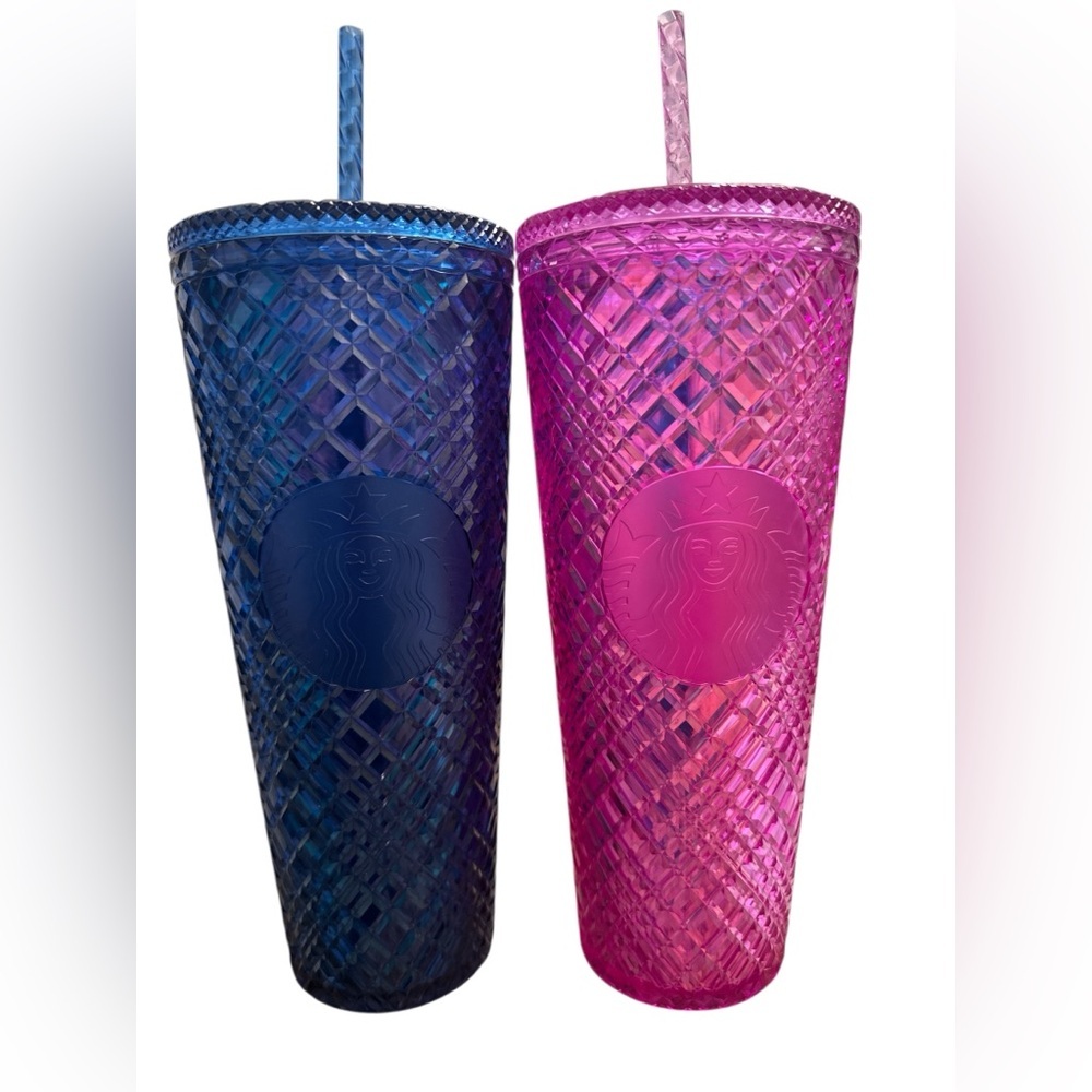 2 Starbucks 24 oz Holiday Jeweled Textured Blue and Pink Tumblers EUC